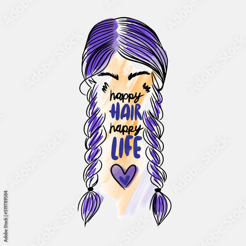 Happy hair, happy life, handwritten lettering, pigtail hairstyle, hairdresser, fashion