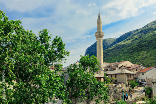 Panoramic View to the Spring and Green cityscape of Mostar, Bosnia and Herzegovina