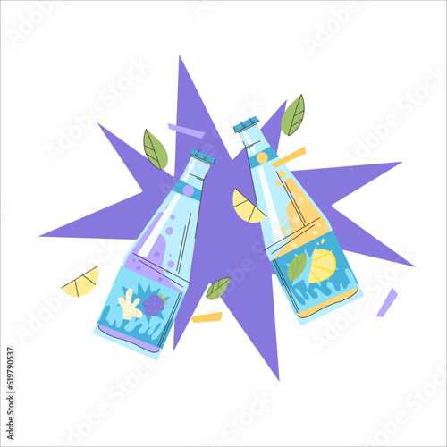 Multicolored illustration of glass bottles of lemonade on the background of a curly bubble. Soda with different fruit flavors and colorful labels. Carbonated water.