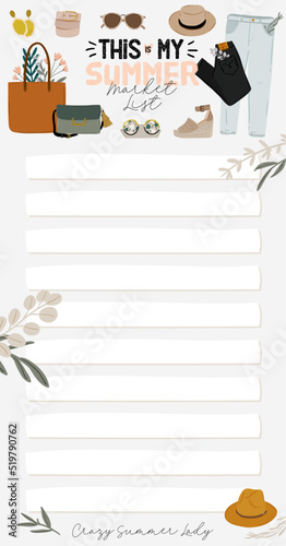 Note paper, to do list with summer fashion outfit set. Trendy woman clothes, underwaer, swimsuit, hat, bag, shoes, accessories. School scheduler and organizer. Flat vector