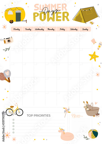 Note paper, to do list with summer fashion outfit set. Trendy woman clothes, underwaer, swimsuit, hat, bag, shoes, accessories. School scheduler and organizer. Flat vector