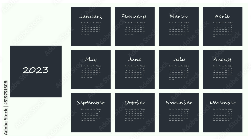 Minimalistic 2023 calendar with white text on dark background. Monthly calendar 