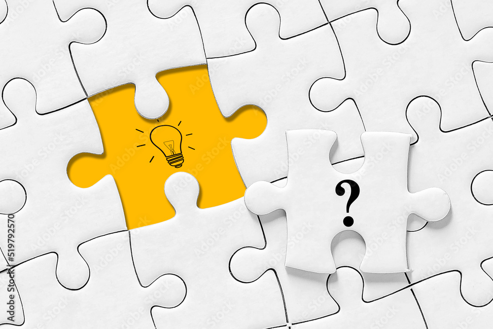 Creative idea or problem solving concept, question mark and light bulb icon on jigsaw puzzle, jigsaw puzzle with missing piece Creative idea or problem solving concept, question mark and light bulb icon on jigsaw puzzle, jigsaw puzzle with missing piece