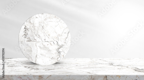 Display marble stone on floor with wall room studio background well editing montage products and text presentation on free space backdrop, 3D illustration