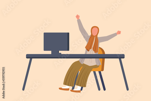 Business flat cartoon style drawing happy Arabian businesswoman sitting with raised hands near desk with computer in workplace. Worker celebrate success new project. Graphic design vector illustration