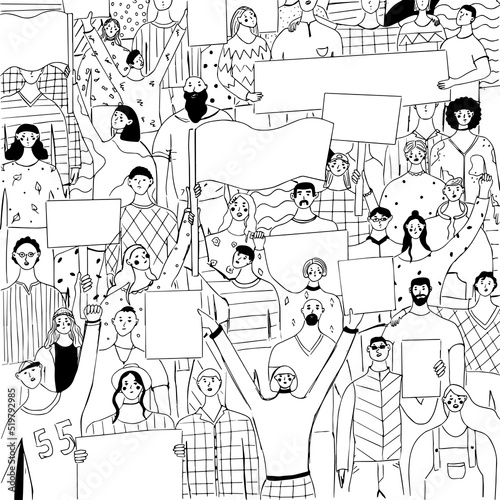 People with placards and posters. Group of protestors fist raised up in the air. Supporting the protests against. Crowd of mans and womans on demonstration. Hand drawn vector illustration