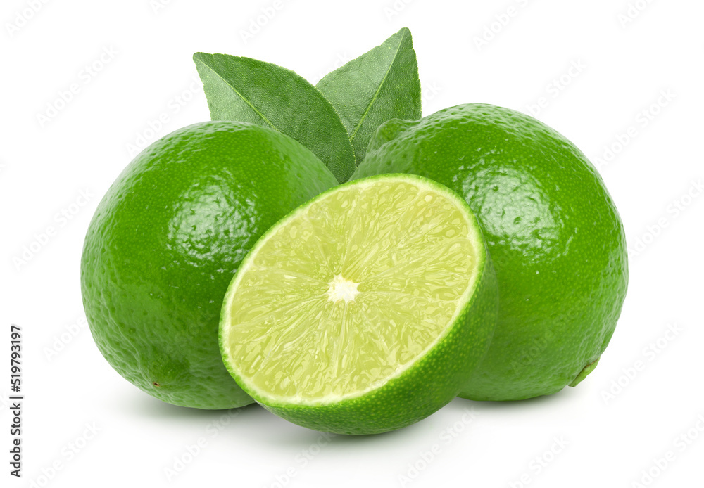 Natural fresh lime and lime slice with green leaf isolated on white background, cut out Natural fresh lime and lime slice with green leaf isolated on white background, cut out