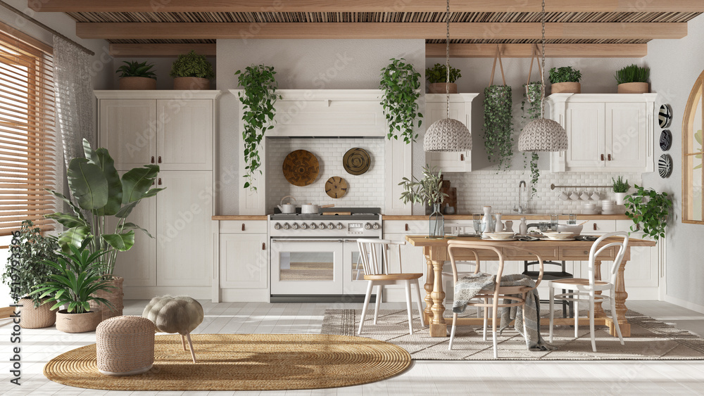 Wooden country kitchen in white and beige tones.Dining table, carpet and  appliances. Scandinavian boho interior design Stock Illustration | Adobe  Stock