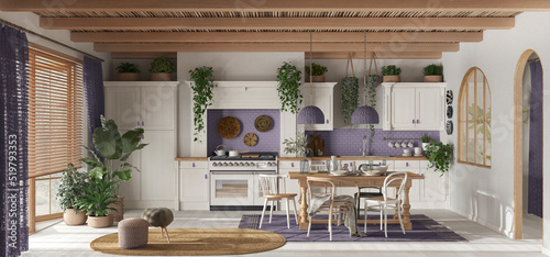 Panoramic view of contemporary wooden kitchen in white and purple tones. Dining table and appliances. Scandinavian boho interior design © ArchiVIZ