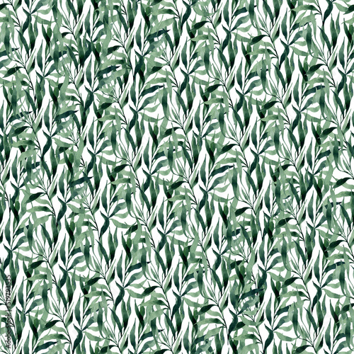 Fototapeta Naklejka Na Ścianę i Meble -  Seamless pattern of bunches of green leaves. Hand-drawn in watercolor.  It can be used for textiles, printing according to your design.