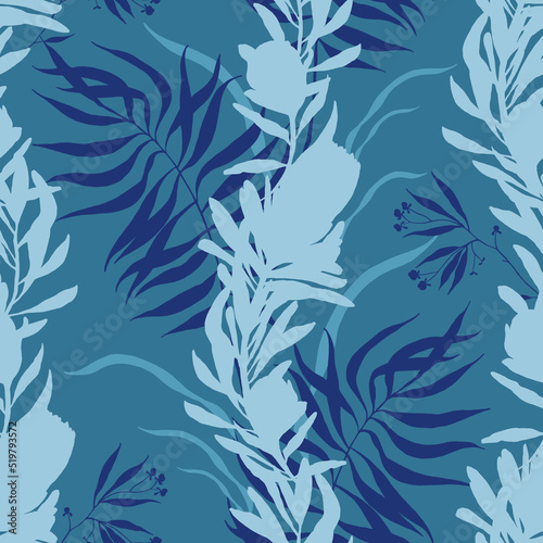 Seamless pattern with exotic blue flowers of protea and palm leaves