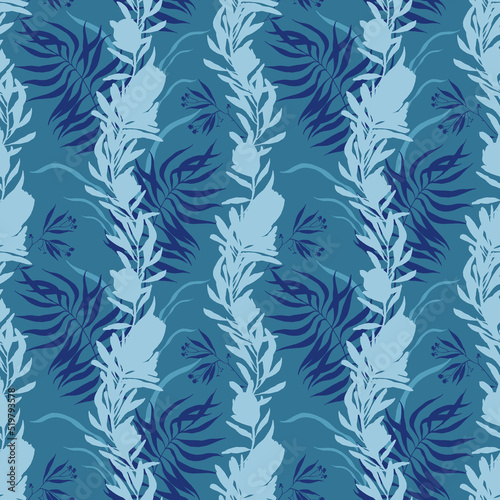 Seamless pattern with exotic blue flowers of protea and palm leaves