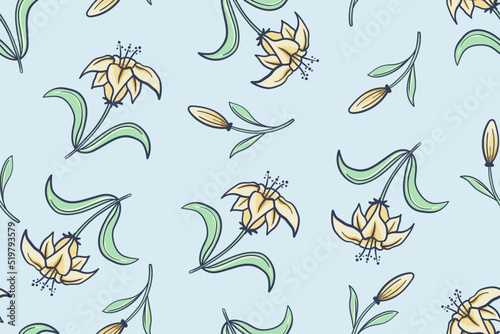 Nature lily flowers doodle pattern