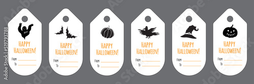 Halloween gift tags with place for name. Vector collection of name gift tags with Halloween illustrations in funny cartoon style. Simple white halloween label template with place for text