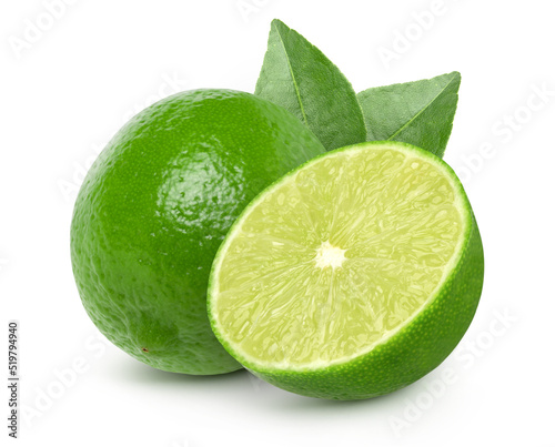 Natural fresh lime and lime slice with green leaf isolated on white background, cut out