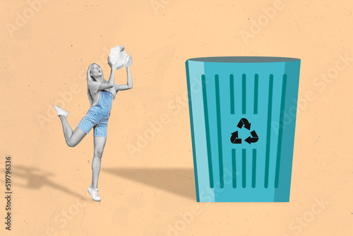 Photo cartoon comics sketch picture of funny lady throwing paper ball big huge trashbin isolated beige drawing background photo