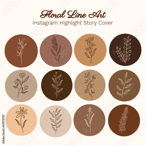 set of floral line art instagram highlight story cover in brown