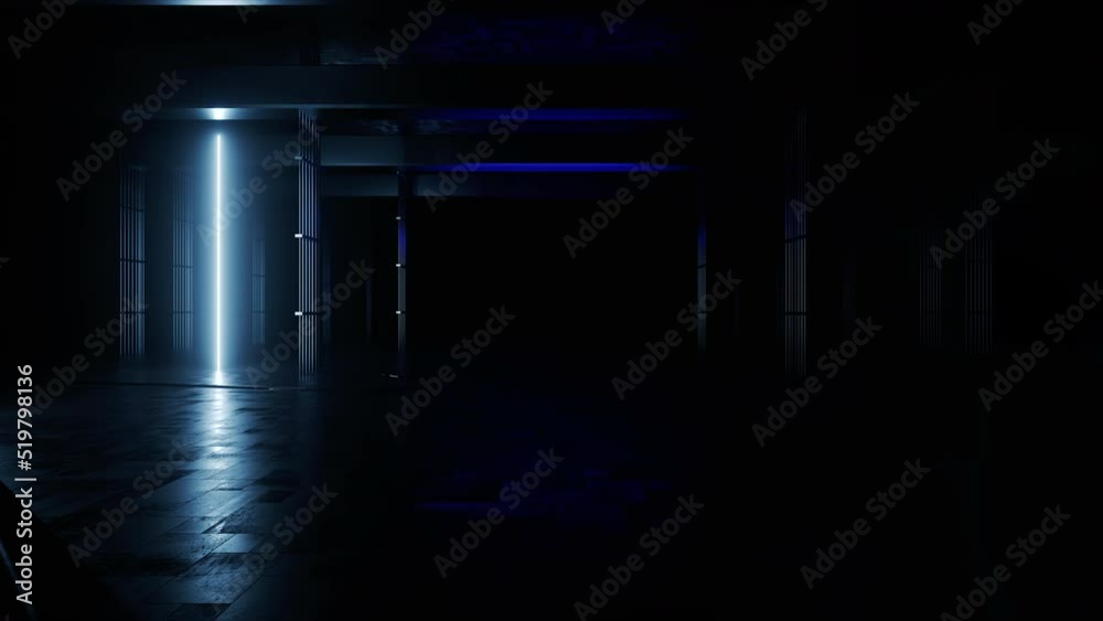 Dolly Camera Sci Fi Futuristic Neon Lights Flickering Dark Realistic Tunnel Corridor Grunge Concrete Cement  Cyber Warehouse Hangar Underground Bunker Showroom Club Stage Basement 3D Render Animation