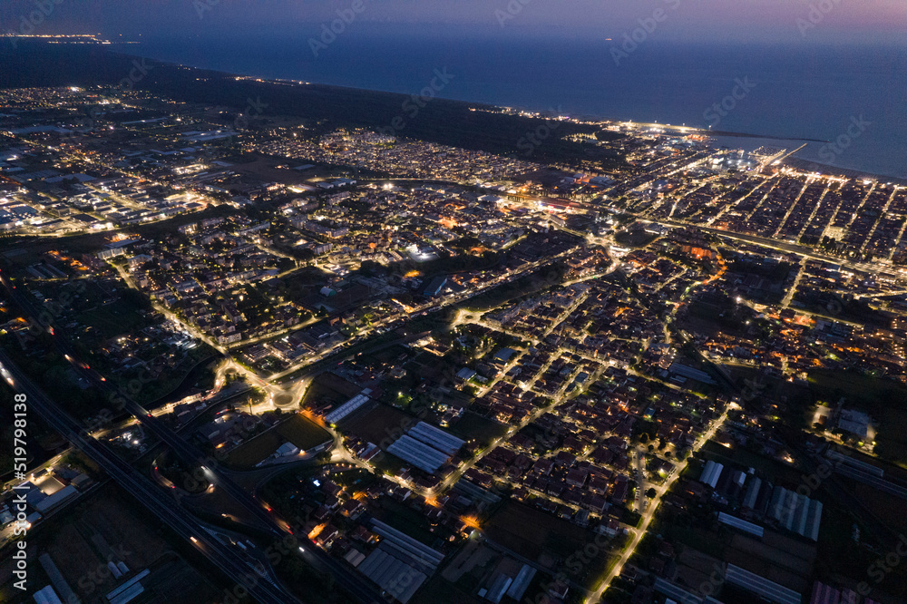 Viareggio city aerial view at night