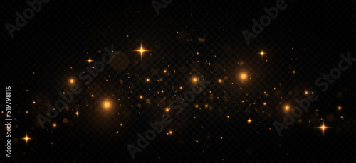 Christmas golden dust. Beautiful sparks shine with special light. Magical yellow dust particles. Christmas Abstract stylish light effect on a black transparent background.