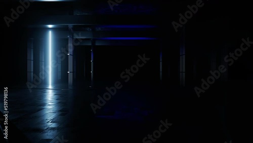 Dolly Camera Sci Fi Futuristic Neon Lights Flickering Dark Realistic Tunnel Corridor Grunge Concrete Cement  Cyber Warehouse Hangar Underground Bunker Showroom Club Stage Basement 3D Render Animation