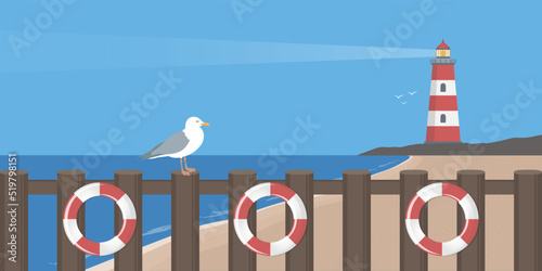 travel marine design lighthouse and sea gull by the ocean