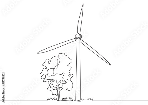 Continuous one line drawn alternative energy wind turbine silhouette. The concept of a symbol of ecology and nature conservation.