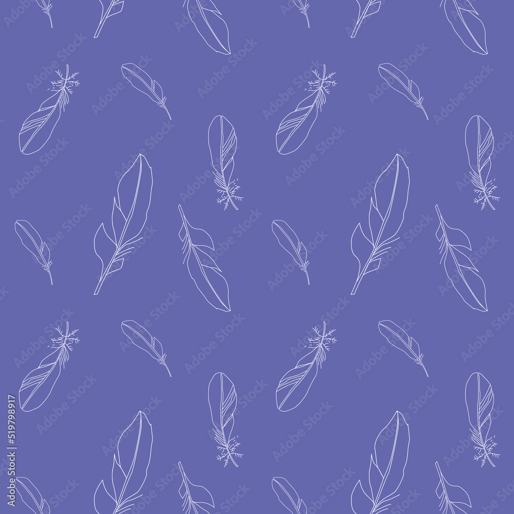 Hand drawn white feather elegant repeat seamless pattern. Vector illustration. Perfect for print, wallpaper, textile, decor, fashion, scrapbooking, cover.