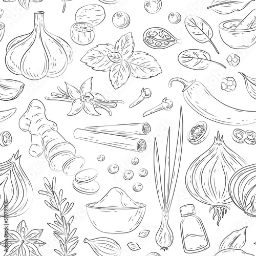 Spices and herbs seamless pattern. Vector hand drawn kitchen herbs with vanilla, anise, ginger, cinnamon, curry, basil, garlic, pepper, rosemary. Popular indian spices in doodle style for menu, print