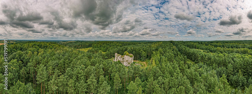 ostaniec wapienny na Jurze Krakowsko-Częstochowskiej na Śląsku w Polsce, panorama z lotu ptaka latem