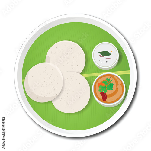 South Indian food Idly with Coconut Chutney and Sambar Served on plate with Banana Leaf, Vector File