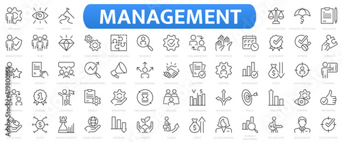 Management line icon set. Business and management collection. Manager, teamwork, strategy, marketing, business, planning.