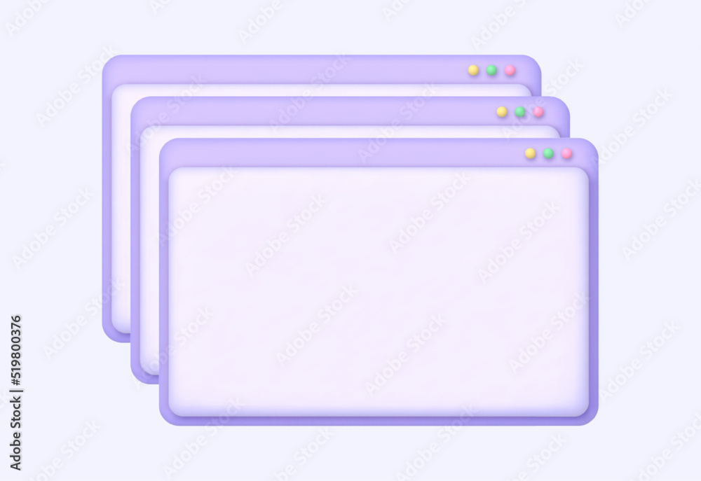 Browser window glitch, PC user interface lag, dialog box notification duplicated several times. 3D vector illustration. Browser window glitch, PC user interface lag, dialog box notification duplicated several times. 3D vector illustration.