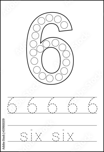 Learning numbers for kids. Number six. Math worksheet.