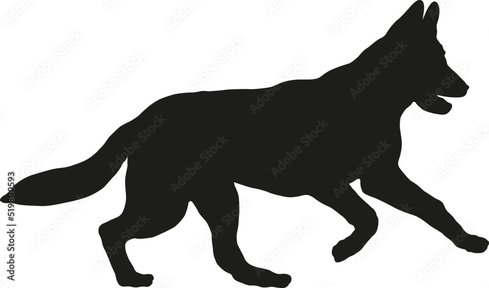 Black dog silhouette. Running and jumping east european shepherd puppy. Pet animals. Isolated on a white background. Vector illustration.