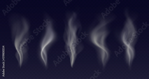 Hot food steam, cigarette smoke, vapor effects from heated tea or coffee. Warm dish, tasty meal, delicious smell concept. White fume isolated on a dark background. Vector illustration.