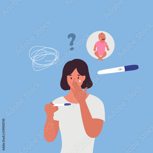 Unhappy sad and scared woman with a positive pregnancy test. Vector
