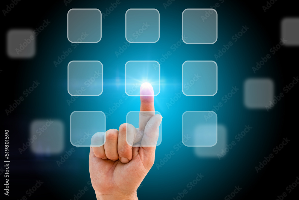 Technology abstract background with person hand touching button on virtual screen with copy-space, innovation, network, banking, big data and internet concept. Technology abstract background with person hand touching button on virtual screen with copy-space, innovation, network, banking, big data and internet concept.