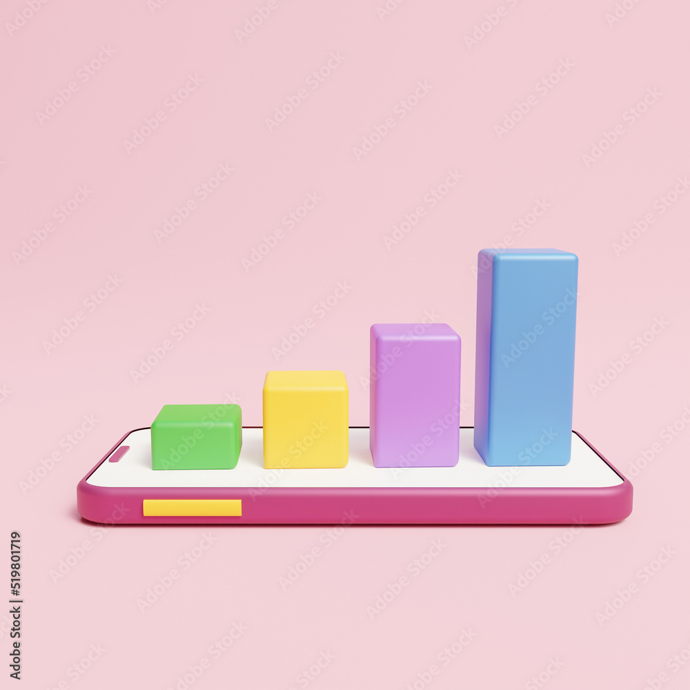 smartphone with bar graph isolated on pink background use for banner, 3D Investment trading stock market. Cryptocurrency growing strategy chart, Business concept. chart, financial index, 3D rendering. smartphone with bar graph isolated on pink background use for banner, 3D Investment trading stock market. Cryptocurrency growing strategy chart, Business concept. chart, financial index, 3D rendering.