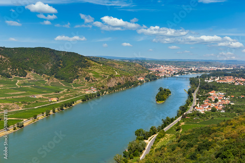 View of the Danube river in the Wachau and Krems town on the horizon. Lower Austria.