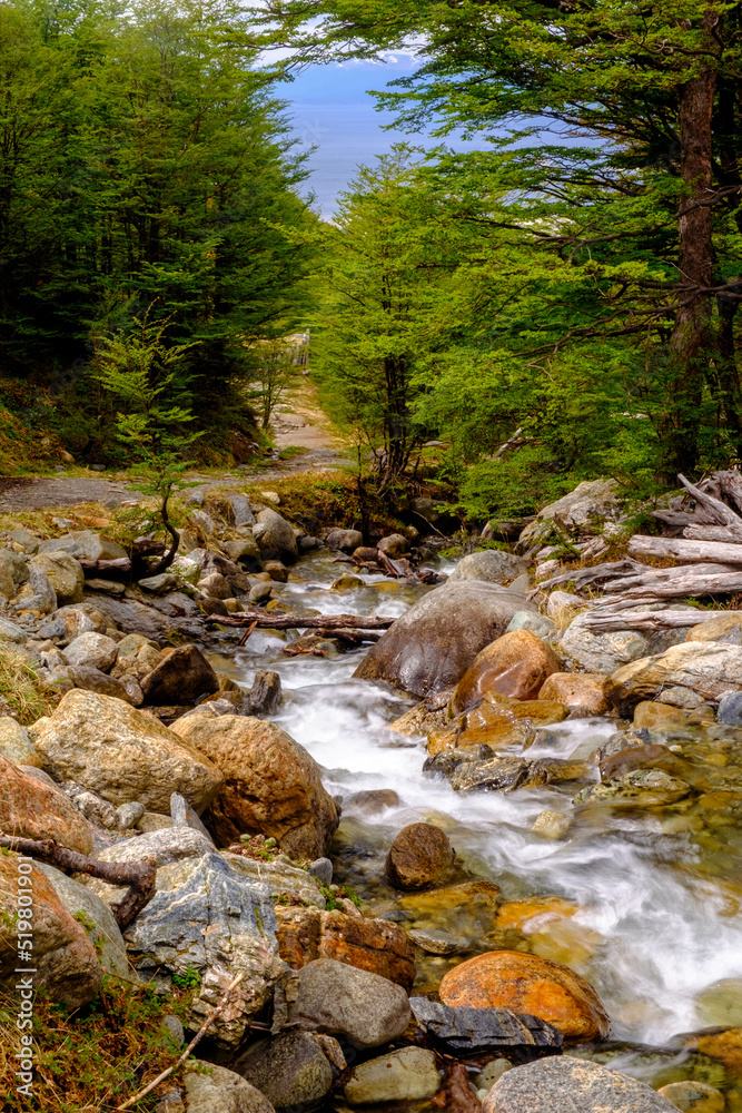A small streams runs down next to the path that leads up to the Martial Glacier, a popular hiking destination close to the city of Ushuaia, Argentina. A small streams runs down next to the path that leads up to the Martial Glacier, a popular hiking destination close to the city of Ushuaia, Argentina.