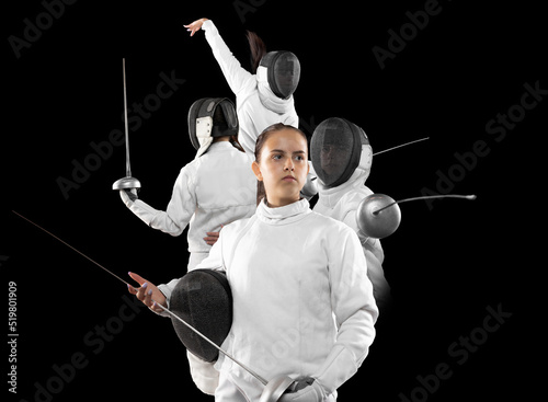 Bild auf Leinwand Young girl, fencer in fencing costume with sword in hand isolated on black background Sport, youth, healthy lifestyle