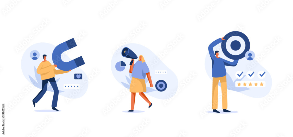 Fototapeta premium .Business target group. Growing customer base with successful marketing magnet, target, .megaphone. Vector Illustration