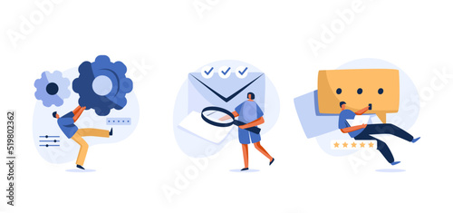 Marketing automation with scheduled social media post and chat. Reach target audience with email content. Vector Illustration