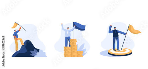 Success business vision. Success in work and finance. Businessman holding a flag and a pile of coins. Vector illustration.