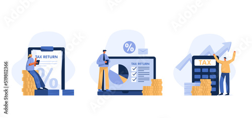 Doing taxes accounting and annual financial paperwork.  .Male and female characters and documents, laptop, calculator. Vector illustration