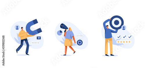 .Business target group. Growing customer base with successful marketing magnet, target, .megaphone.  Vector Illustration