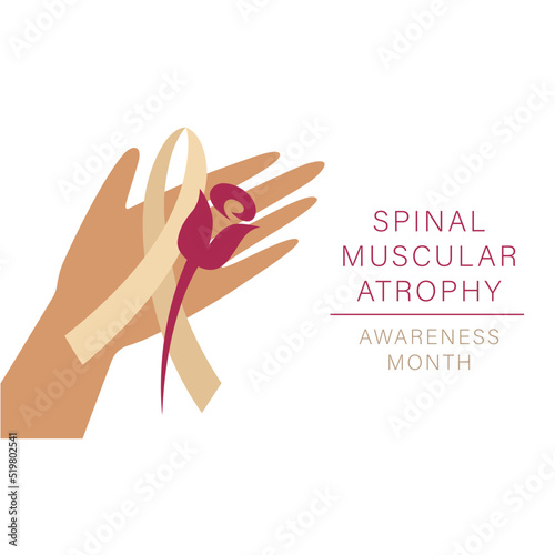 A horizontal image with an ivory ribbon and a pink rose. Spinal muscular atrophy awareness month.