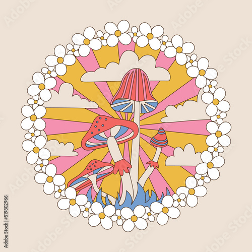 Retro hippie badge with cute groovy daisy flowers, sunbeam and mushrooms isolated on a pastel background. Trendy hand drawn vector graphic illustration in style 70s, 80s.