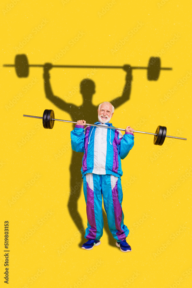 Creative retro 3d magazine image of funny old guy trying rise heavy barbell lost champion shape isolated yellow background